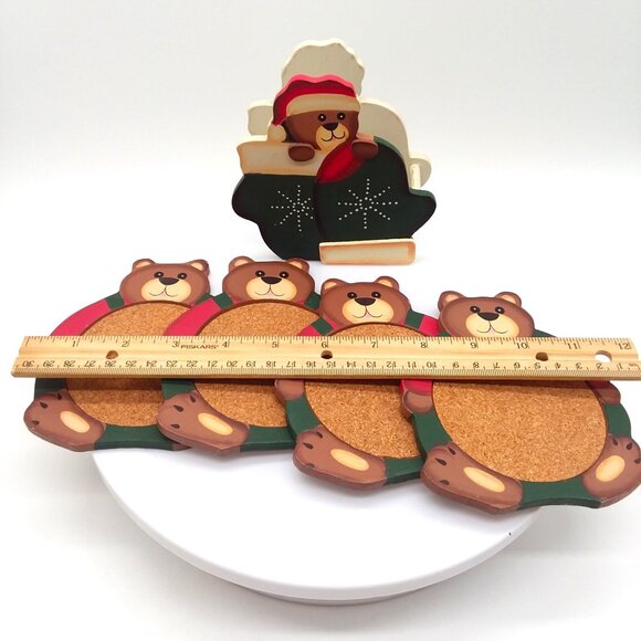Coaster Set Teddy Bear Wood Christmas VTG Country Bears Cork Large Holder Winter - Picture 4 of 6